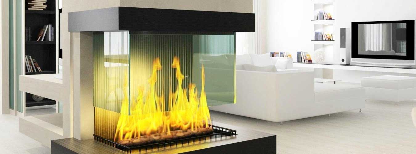 üç tarafı açık şömine camlı